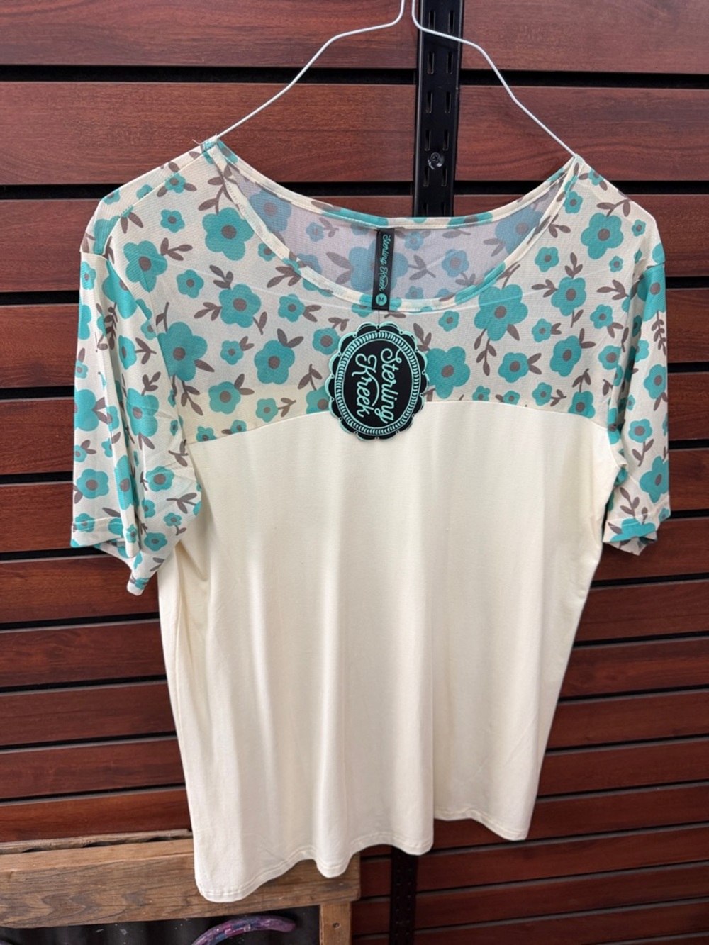 Stitching Threads Cream Short Sleeve Tee with Teal Floral Yoke